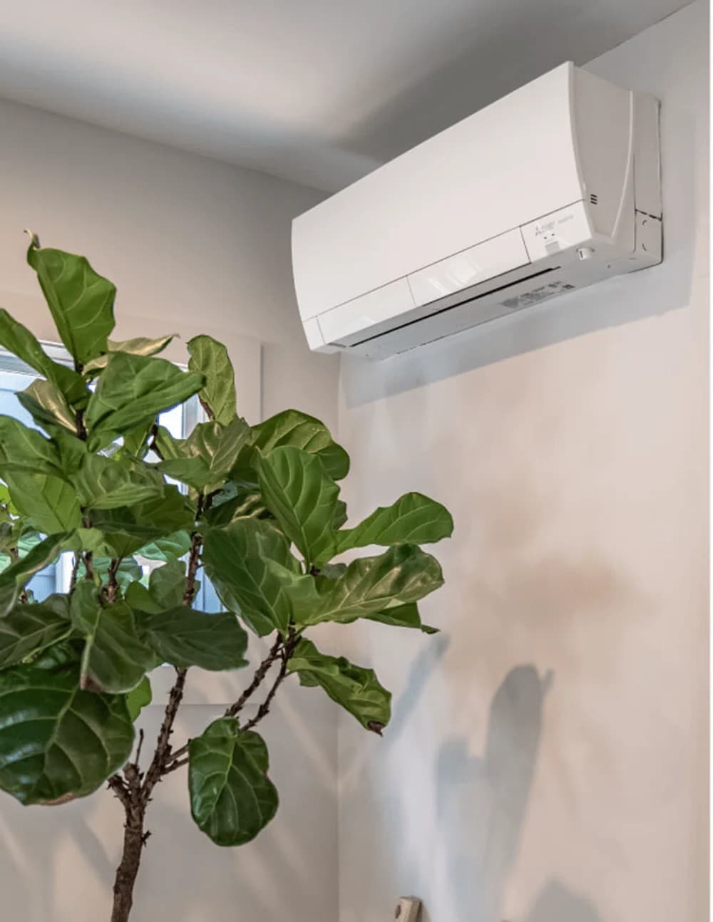 Mitsubishi Electric ductless indoor unit above a houseplant